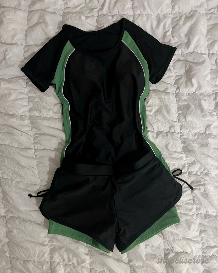 shirt and shorts for swimming women, shirt for swimming, shirt to swim in for women, swim shirt with built in bra,  swimsuit t-shirt and shorts set for women, functional swim coverup set or beach swim shorts + swim top set, affordable, high quality, pretty, cute, for swimming teens, includes both shirt and shorts, modest