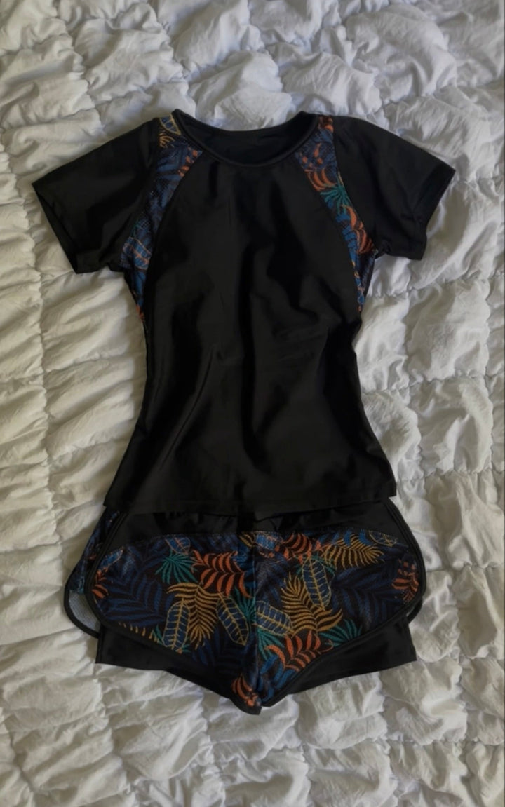 swim shirt with built in bra, shirt and shorts for swimming women, shirt for swimming, shirt to swim in for women, swimsuit t-shirt and shorts set for women, functional swim coverup set or beach swim shorts + swim top set, affordable, high quality, pretty, cute, for swimming teens, includes both shirt and shorts, modest
