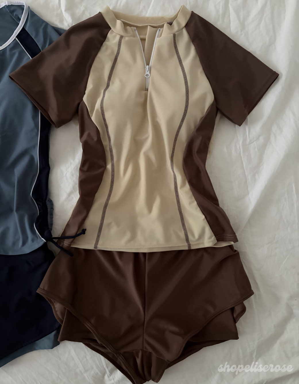swim shirt with built in bra, swim shirt with shorts, surfing shirt with shorts, surf set with shorts, surf tshirt, rashguard short sleeve, surf swimsuit girls, swim shirt with shorts women, swim shirt with shorts teens, swim short with shorts kids, shirt and shorts for swimming women, shirt for swimming, shirt to swim in for women, functional swim coverup set or beach swim shorts + swim top set, affordable, high quality, pretty, cute, for swimming teens, includes both shirt and shorts, modest, brown, cream