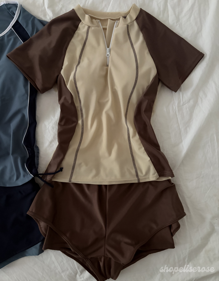 swim shirt with built in bra, swim shirt with shorts, surfing shirt with shorts, surf set with shorts, surf tshirt, rashguard short sleeve, surf swimsuit girls, swim shirt with shorts women, swim shirt with shorts teens, swim short with shorts kids, shirt and shorts for swimming women, shirt for swimming, shirt to swim in for women, functional swim coverup set or beach swim shorts + swim top set, affordable, high quality, pretty, cute, for swimming teens, includes both shirt and shorts, modest, brown, cream